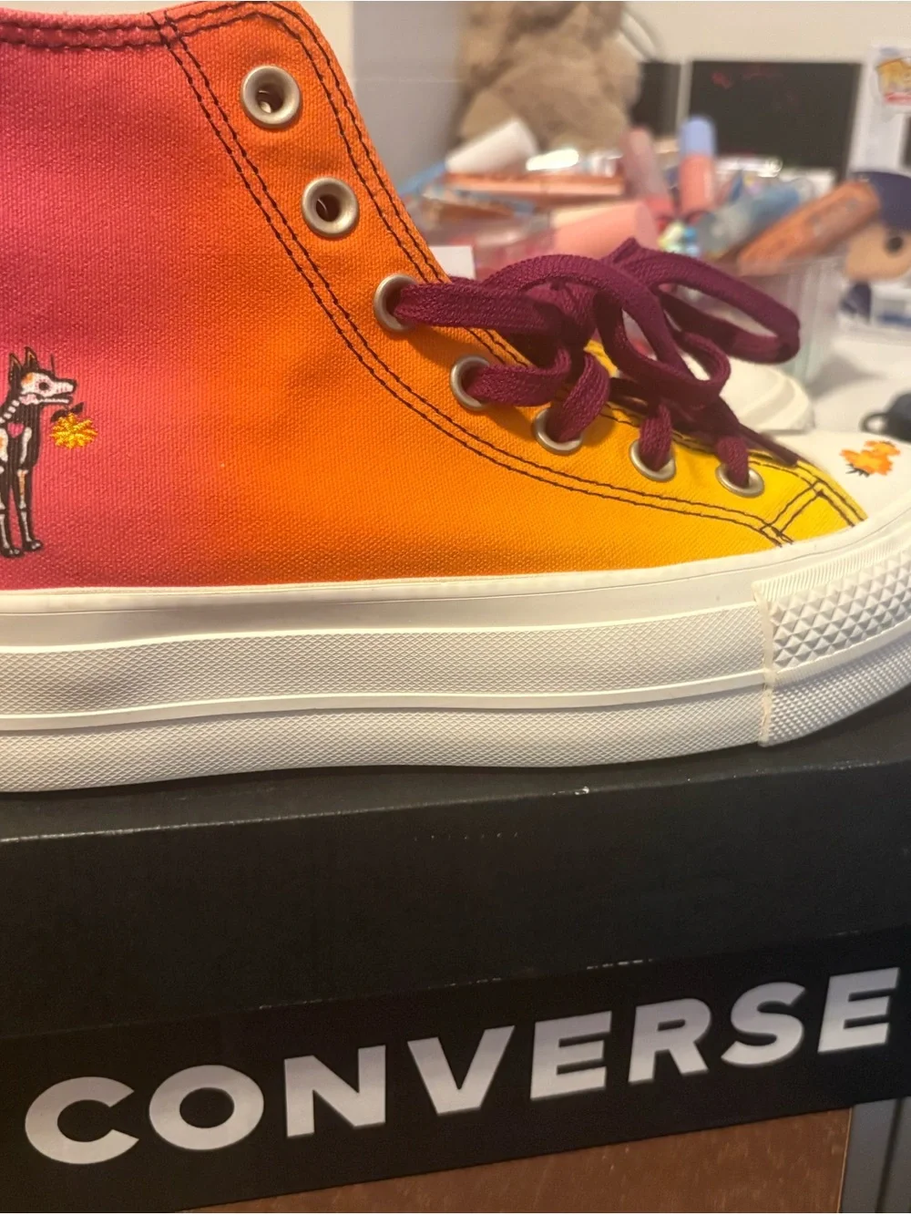 Women’s Gradient High-Top Canvas Sneakers in Yellow-Orange with Burgundy Laces